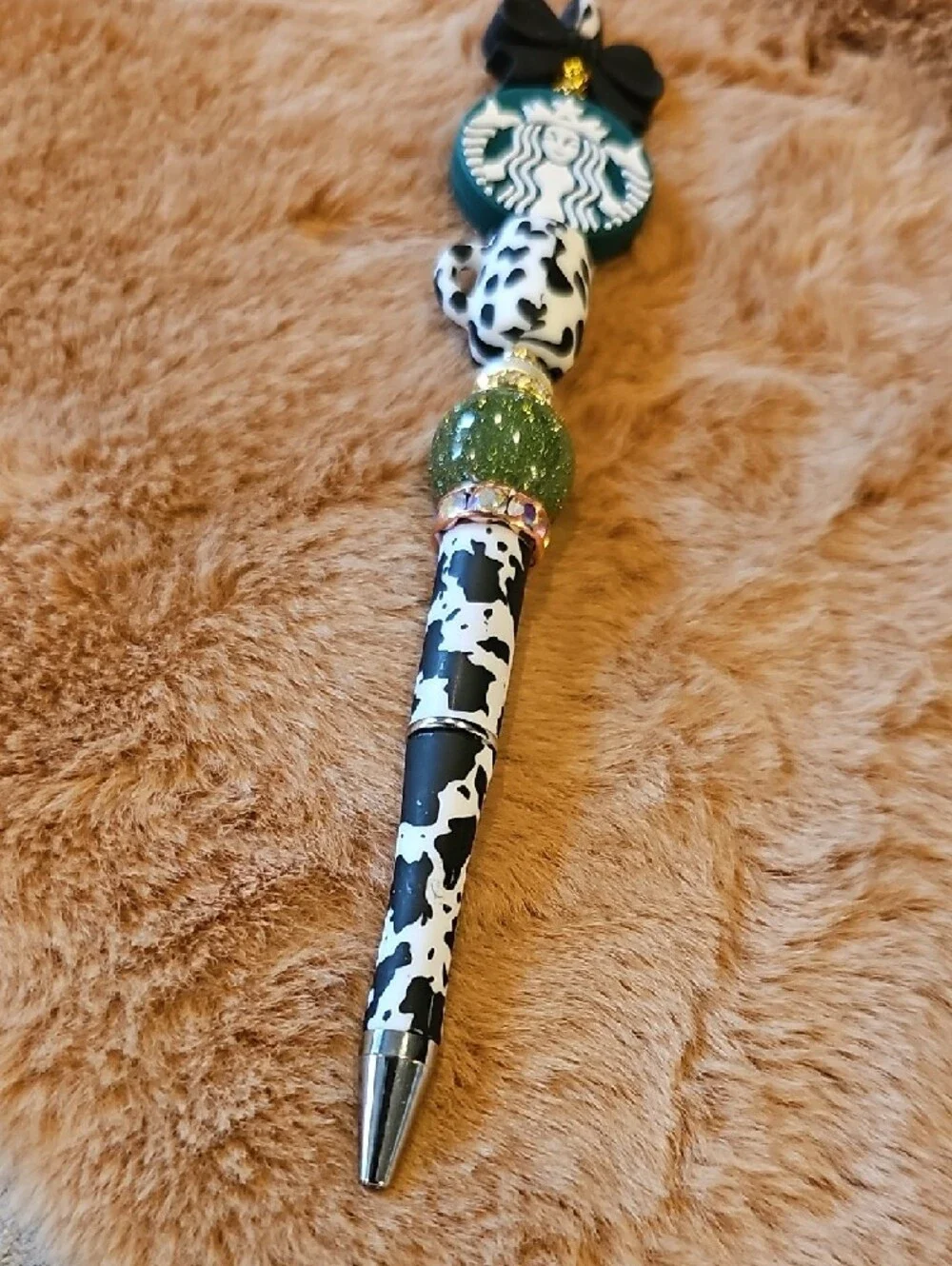 Coffee Green & Black Cowprint Glitter Beaded Pen - Picture 4 of 5
